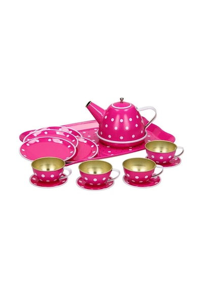 Pembe Puantiyeli Metal Oyuncak Çay Seti 15 Parça - Eğitici Teneke Evcilik Mutfak Oyun Takımı