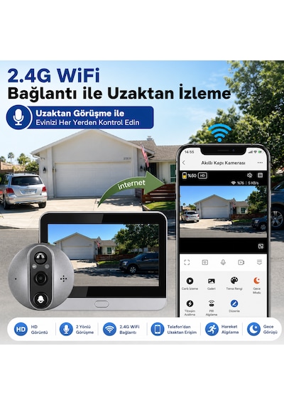 Wifi Akıllı Kapı Kamerası 4.3" Ekran 1080p Hd Görüntülü Kapı Dürbünü Pır Sensörlü