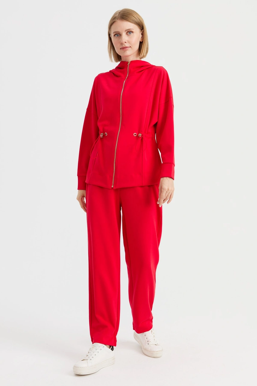 Kadın Kapüşonlu Beli Büzgülü Sweat Kırmızı Kırmızı