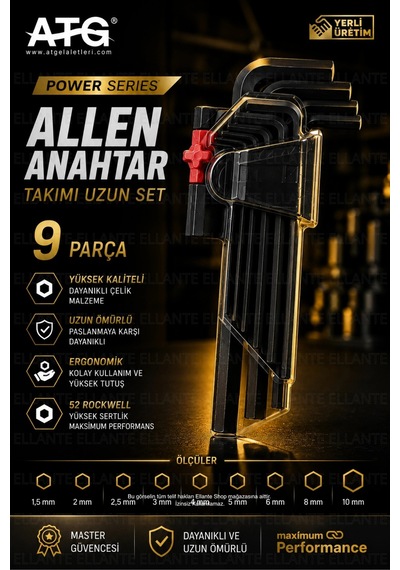Atg Alyan Anahtar Takımı Uzun Set 9 Parça 1.5-10 Mm Alyan Seti 52 Hrc Çelik Profesyonel El Aleti