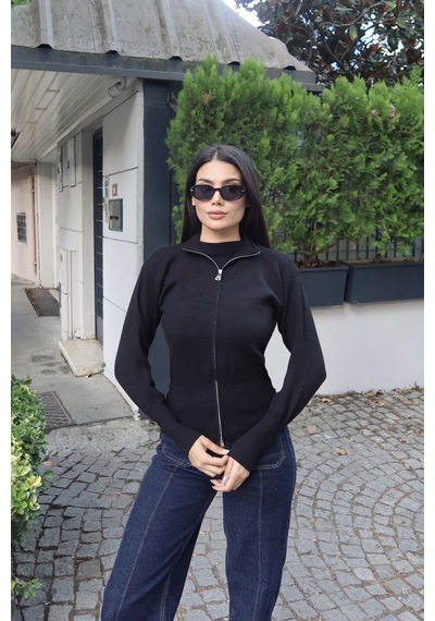 Kechi Woman Fitilli Triko Dik Yaka Fermuarlı Hırka Siyah