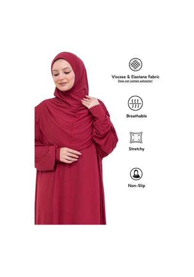 Modish Group Tek Parça Namaz Elbisesi Seti, Viskon Yumuşak Tesettür Abaya, Rahat Hazır Şal Başörtüsü Takım Kırmızı