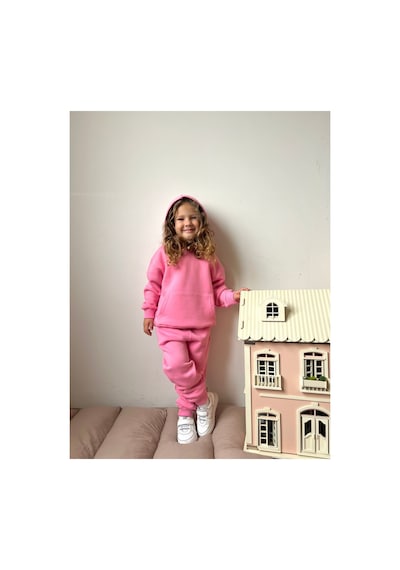 Heyadventure Kız Çocuk Eşofman Takımı Kanguru Cepli Kapüşonlu 3 İplik Şardonlu Pembe Pembe