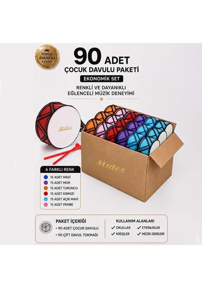 Midex Tf-20-90x Örf Aletleri Seti Çocuk Davulu Seti Toptan Paket-3 6 Renk, 90 Adet