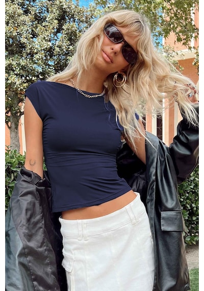 Madmext Lacivert Sırt Dekolteli Crop Kadın Bluz Mg1851-lacivert Lacivert