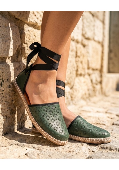 Futsishoes Fressia Koyu Yeşil Hakiki Deri Bilekten Bağlamalı Espadril Kadın Babet