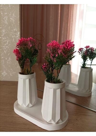 Mini Düz Desenli Beton Saksı İkili Ve Oval Tabak-yapay Çiçek Hediyeli - Pembe