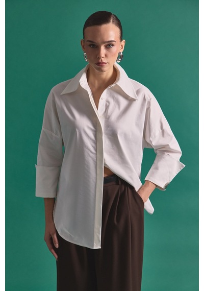 Sateen Düğme Detaylı Gömlek - Ekru-137151 ekru