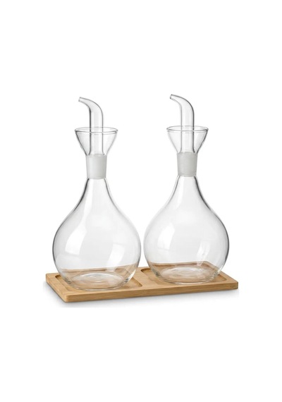 2li Düz Tombul Borosilikat Cam Yağdanlık Ve Sirkelik Seti Bambu Standlı 750 Ml Beyaz Beyaz
