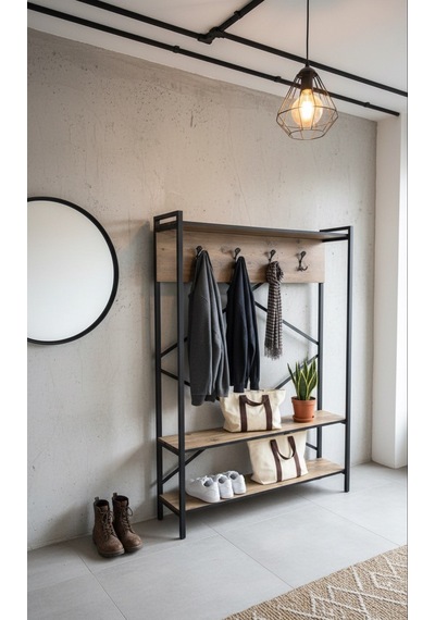 Metal Portmanto, Elbise Askılığı, Vestiyer, Ayakkabılık Ahşap - Siyah