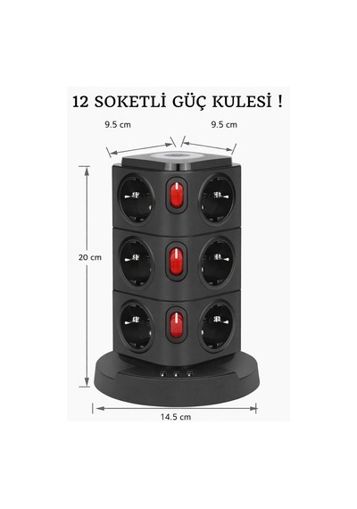 12 Prizli Güç Kulesi Akıllı Priz 3 Usb + Kablosuz Şarj 3680w Yüksek Güç