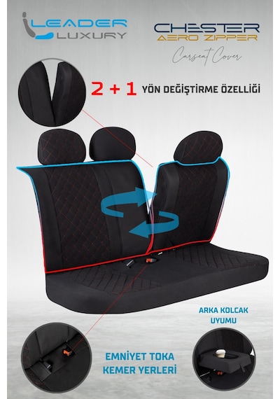Fiat Linea Dynamic Uyumlu Lüx Yarı Deri Oto Koltuk Kılıfı Ön Arka Takım Chester Siyah Kırmızı