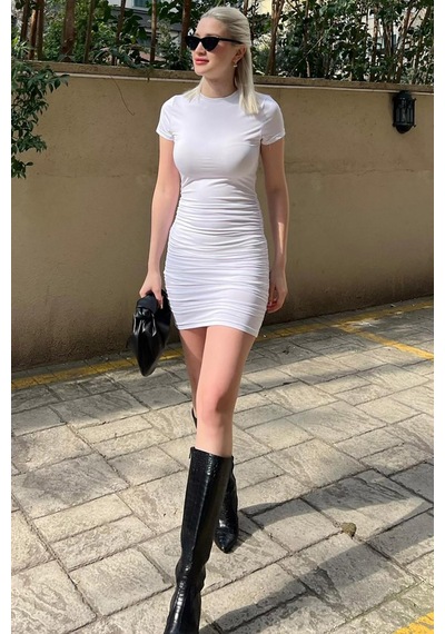 Madmext Beyaz Büzgülü Mini Kadın Elbise Mg1739-beyaz