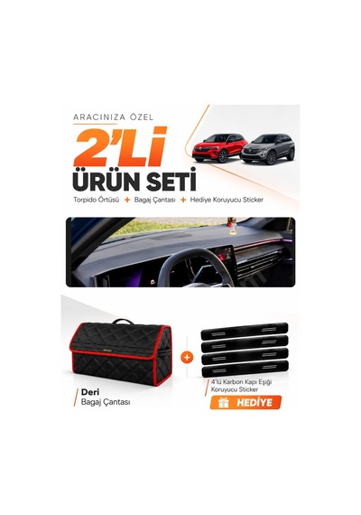 E-biz Renault Austral 2023-2026 Uyumlu Torpido Örtüsü + Deri Bagaj Çantası - Siyah-kırmızı - Re052