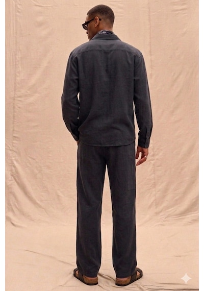 Tarz Cool Erkek Haki Tencel Kumaş Oversize Gömlek Pantolon Takım Rahat Kesim Yazlık Kombin Siyah