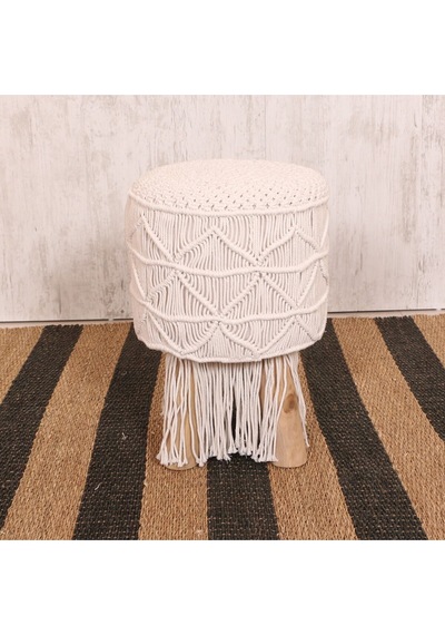 Makrome Tabure Puf & Stools - Doğal Teak Gövde 33x48 Cm Beyaz