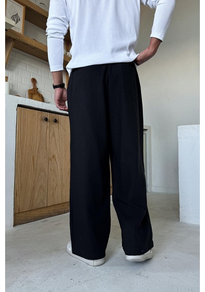 Flaw Bel Lastikli Keten Baggy Pantolon Siyah Siyah