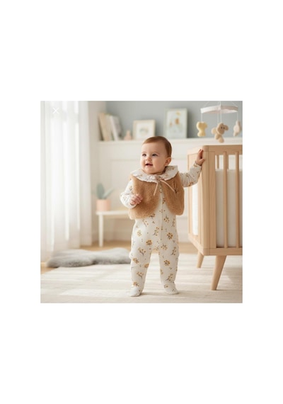 Altıntaş Baby Peluş Yelekli Çiçek Desenli Fitilli Esnek Kumaş Çıtçıtlı Patikli 2li Set Kız Bebek Tulum Ekru Çiçek Desenli Ekru Çiçek Desenli
