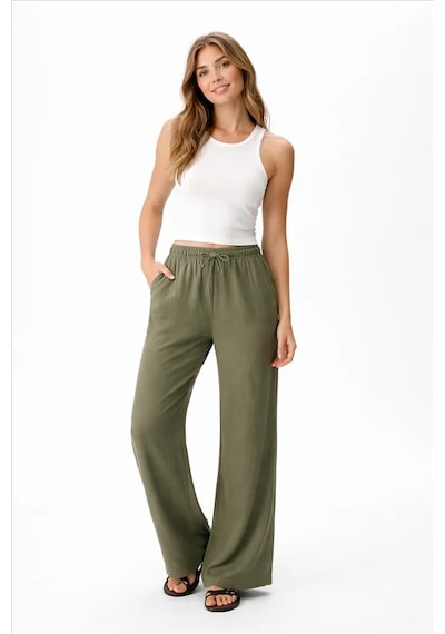 Fashion Friends Geniş Paça Kadın Keten Pantolon 26y0608k1 Haki