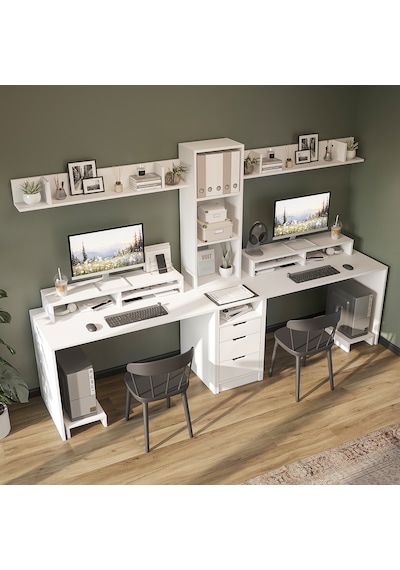 Mode 3 Çekmeceli Kesonlu Çalışma Masası , Raflı Monitör Standlı Çalışma Ofis Masası , Bilgisayar Masası , 2 Adet Raflı Çalışma Masası Mat Beyaz