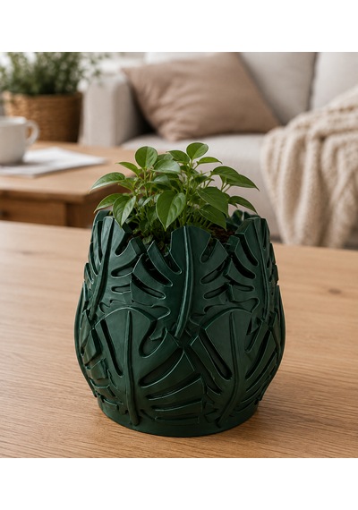 Monstera Yaprak Tasarımlı Vazo Haki