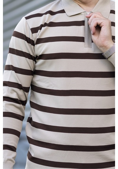 Hk Premium Kazak Fermuarlı Polo Yaka Çizgili Triko Sweatshirt Bej