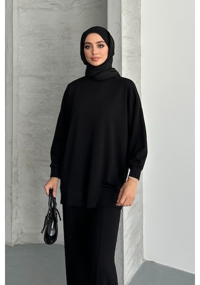 Feela Moda Kadın Modal Penye Oversize Tesettür Tunik Takım 2020 Siyah