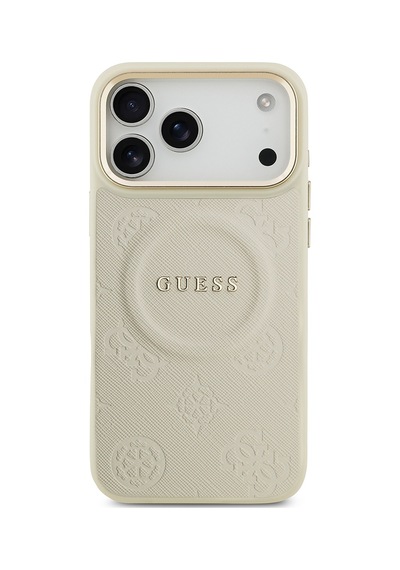 Apple Uyumlu iPhone 17 Pro Max  Kılıf Guess Lisanslı M-safeli Sıcak Baskı Yazı Logo Pu Deri Peony Kapak Bej Bej