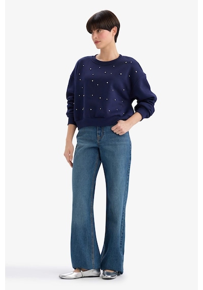 Defacto Boxy Fit Bisiklet Yaka İşlemeli Kalın Sweatshirt G2153ax25wnnv28 Lacivert