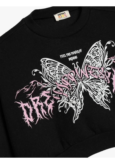Koton Crop Sweatshirt Kelebek Baskılı Uzun Kollu Bisiklet Yaka Siyah 5wkg10198ak Siyah