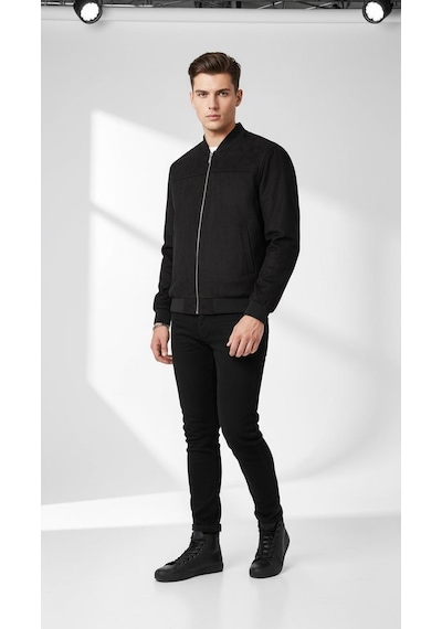 Plus Scorpion Erkek Süet Mont Ceket Fermuarlı, Bomber Kesim, Slim Fit Siyah