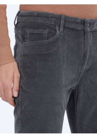 Kip Gri Fitilli Dokuma Slim Fit Kadife Casual Pamuk Karışımlı Pantolon Gri