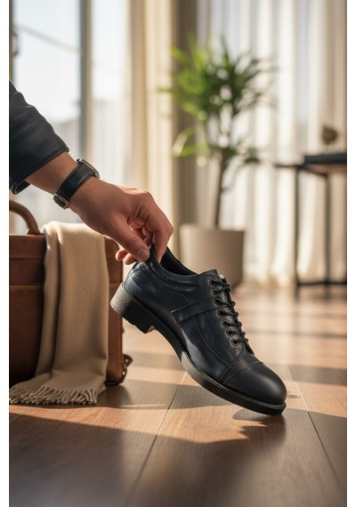 Enoch Hakiki Deri Lacivert Detaylı Erkek Sneaker Ayakkabı Ortopedik Taban Lacivert