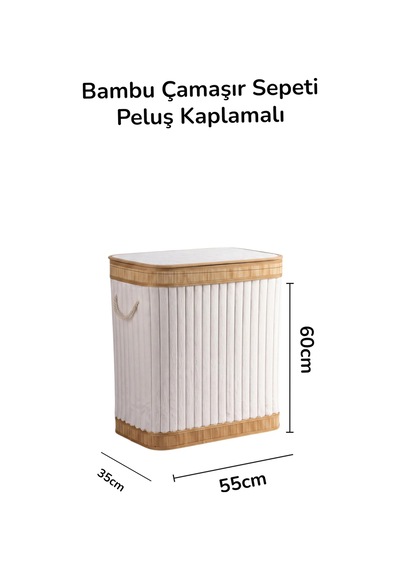 Katlanır Bambu Kirli Çamaşır Sepeti Peluş Kaplamalı Büyük Boy Beyaz