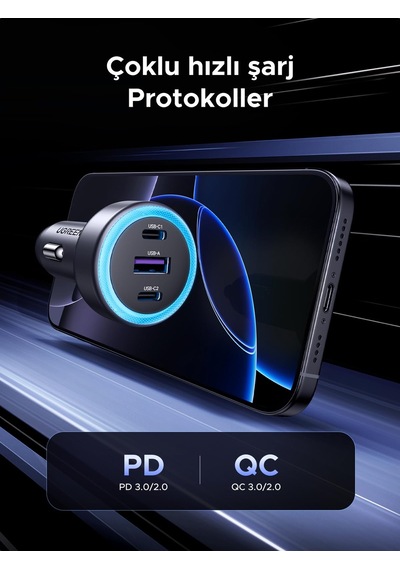 Ugreen 30w 3 Portlu Araç İçi Şarj Cihazı Çakmaklık Adaptörü, 4584