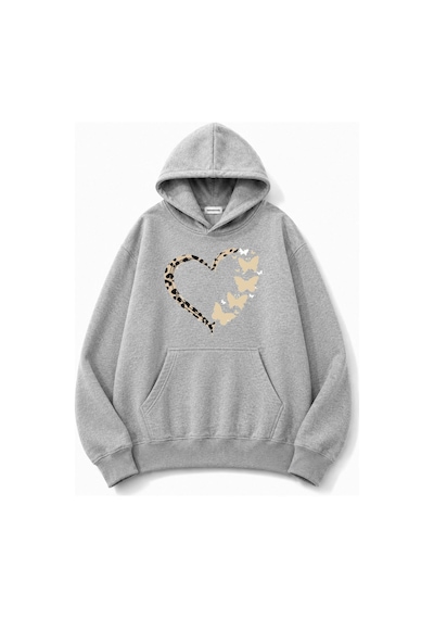 Herkesemoda Leopar Efektli Kalp Baskılı Kapüşonlu 2 İplik Şardonlu Sweatshirt Gri