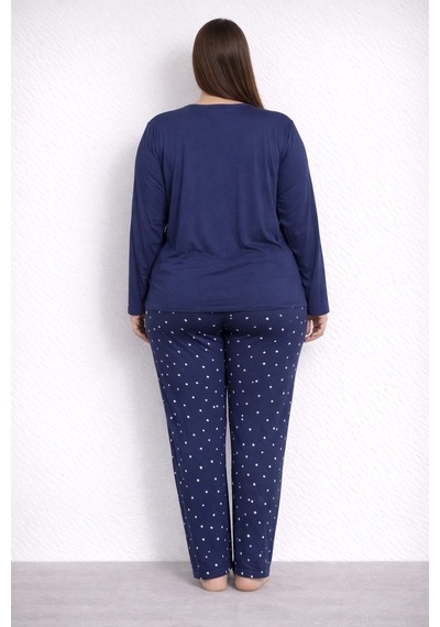 Pemilo Kadın 7258 Büyük Beden Likralı Uzun Kol Milan Pijama Takımı Lacivert