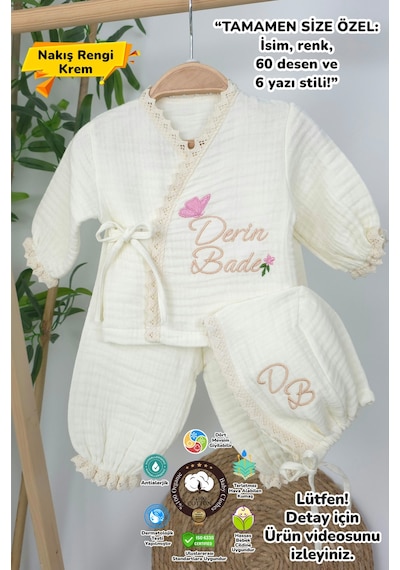 Gros Shop Müslin Yeni Doğan 4katlı Organik %100pamuk Kişiye Özgü Nakışlı Hastane Çıkış Seti Tavşan Model-3 Ekru-6