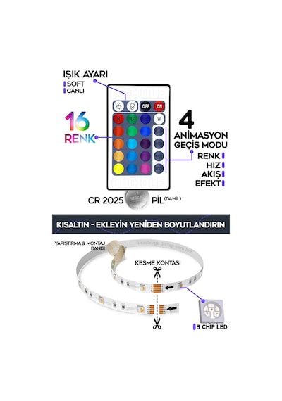 Tv Arkası Çocuk Yatak Odası Mutfak Salon Rgb Şerit Led Uzaktan Kumandalı Tak Çalıştır 2 Metre