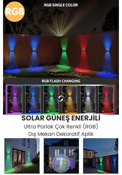 Technojet Solar Güneş Enerjili 6 Ledli Bahçe Aydınlatması Aplik Parlak Rgb Işık Led Lamba 2 Adet Siyah