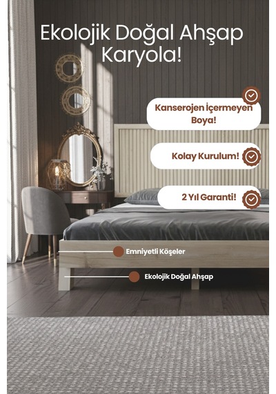 Renazzo Ebruli Dikey Başlıklı Masif Ahşap Karyola Ceviz 140x190 Ceviz - 140 X 190