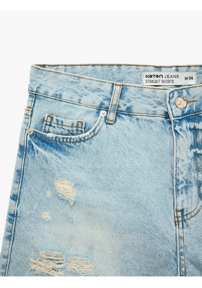 Koton Yıpratma Detaylı Pamuklu Rahat Kalıp Mini Denim Şort Açık İndigo 6sal40031md