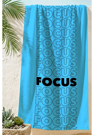 Motivasyon Focus Yazılı Modern Plaj Havlusu - Mavi Tipografik Minimalist Hızlı Kuruyan Havlu Örtü Çok Renkli