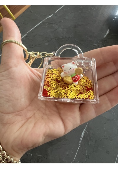 Feng Shui Şans Ve Bereket Kedisi Figürlü Sulu Anahtarlık / Çanta Süsü Patili Kedi Model 3 Maneki Neko