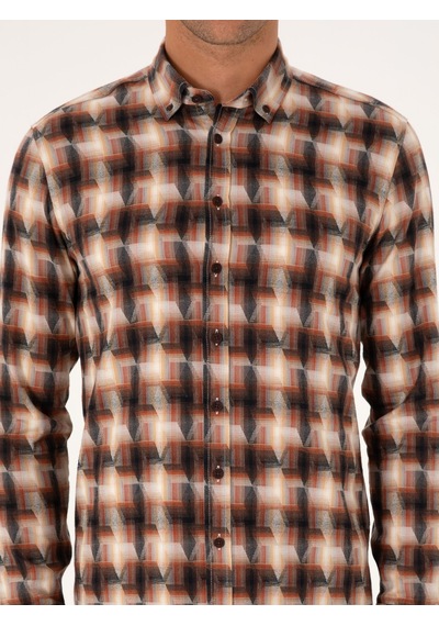 Cacharel Kiremit Slim Fit %100 Pamuk Desenli Gömlek Kırmızı