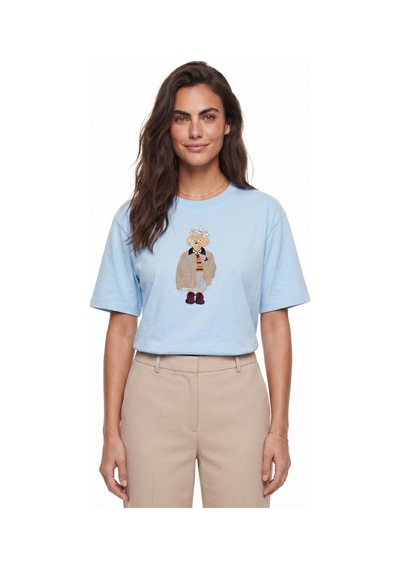 Onloox Kadın Mavi Bebe Mavisi Pamuklu Kısa Kollu Relaxed Fit Köpek Nakışlı Taş İşlemeli T-shirt