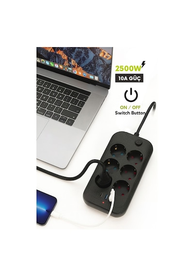 Exenar - Siyah - Yüksek Akım Korumalı 6 Lı Grup Priz Kablolu 2m Priz 2 Usb-a 1 Type-c Girişli Fiş 2 Metre Kablolu 2 M