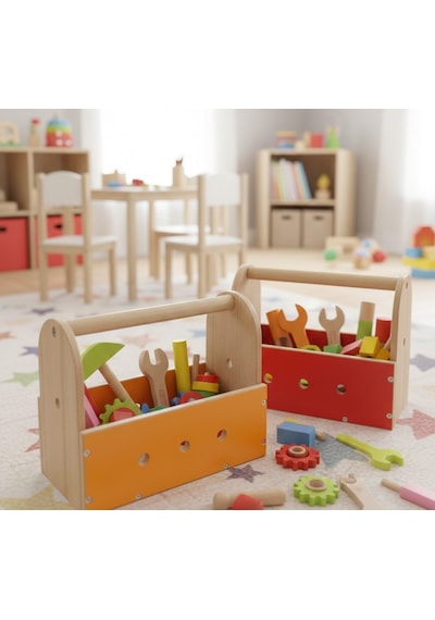 Çocuklar İçin Ahşap Tamir Atölyesi Kutusu - Montessori Eğitici Oyuncak - Doğal Ahşap