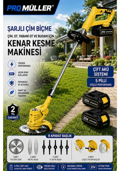 Pro Müller Profesyonel 21 V 5 Ah Teleskopik Uzatmalı Kömürsüz Turbo Motor Çift Akülü Ot Çalı Biçme Tırpanı