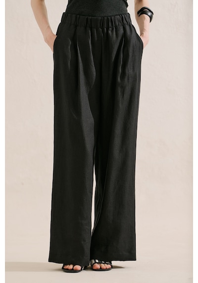 Manuka Keten Geniş Paça Pantolon Siyah Ss26pnt00039-01